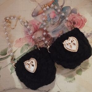 Black Knit Handbag Earrings with Heart Detail Faux Pearl 🦪 Dangle